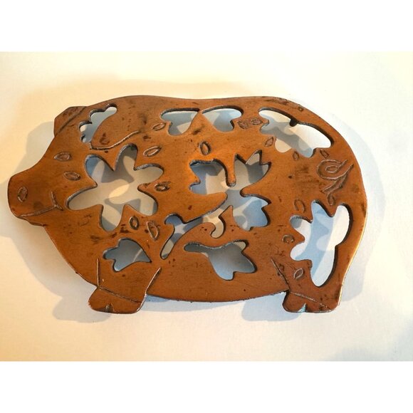 Vintage Copper Pig Trivet — Sturdy Cast Metal with Floral Cut-Out Design - Picture 1 of 12